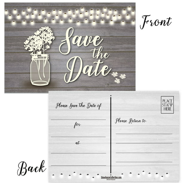 20 Save The Date PostCards 4x6 Black lights Rustic Chalkboard Guests at Wedding 